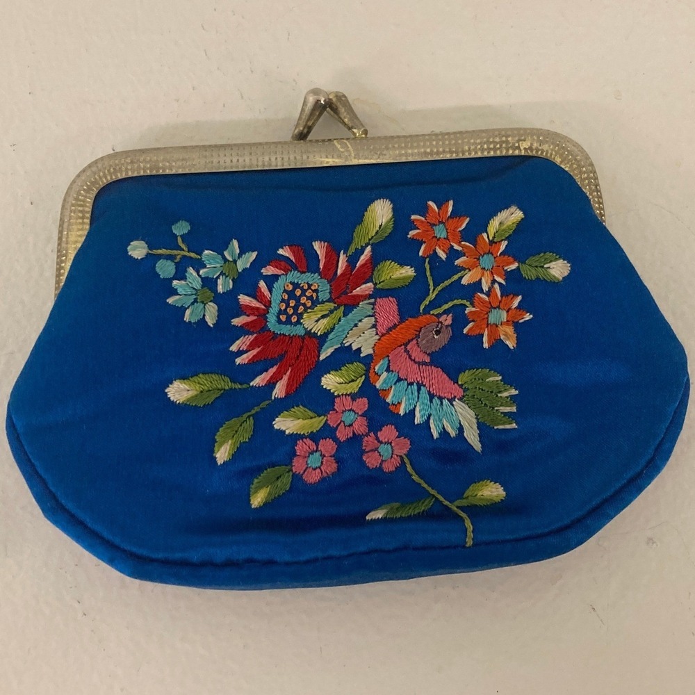 VTG Royal Blue Embroidered Floral Bird Kiss Lock Coin Purse Pouch Asian Oriental